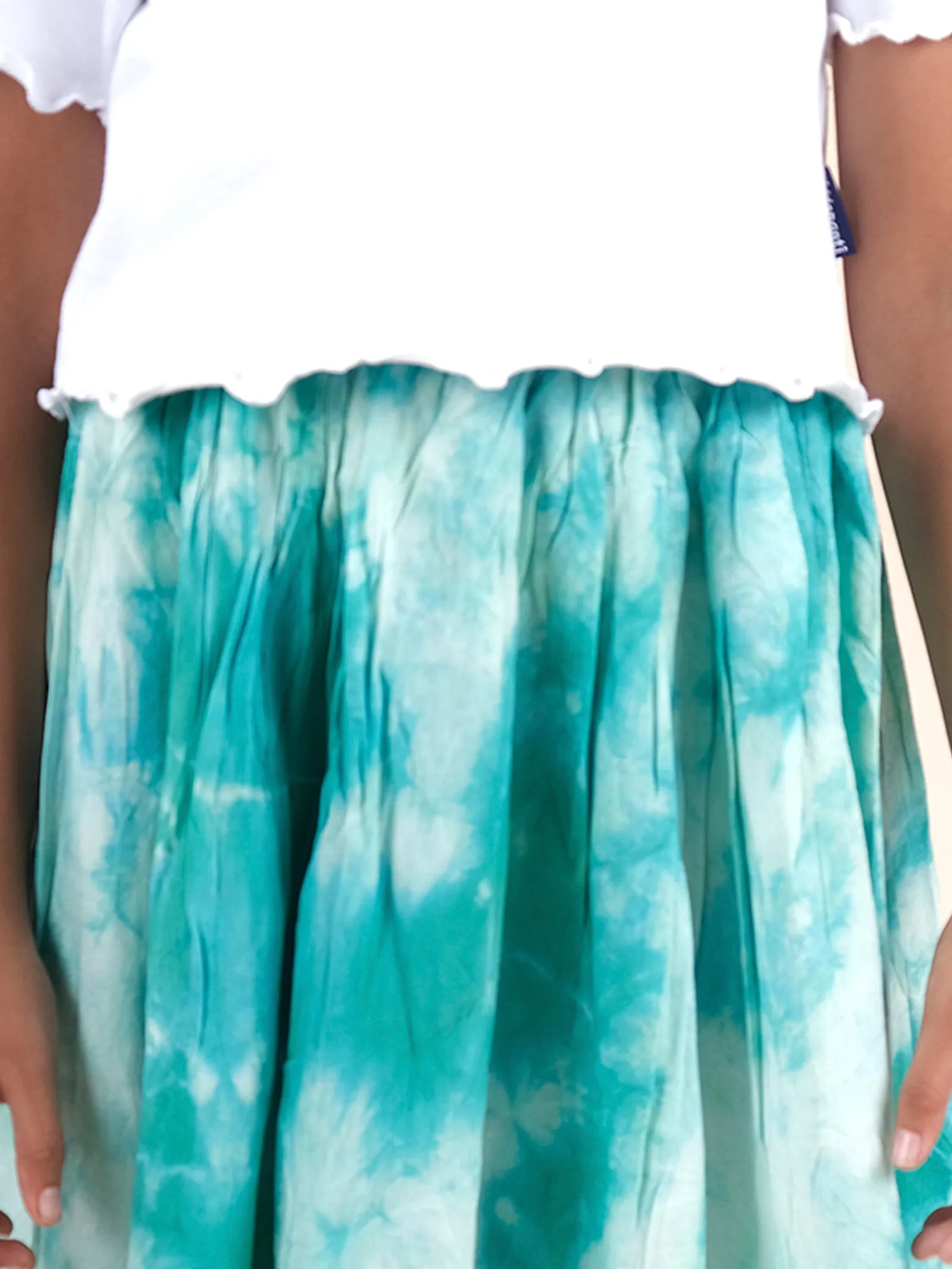 Girls Cotton Solid Crop Tee With Rayon Tie & Dye Flared Skirt Set