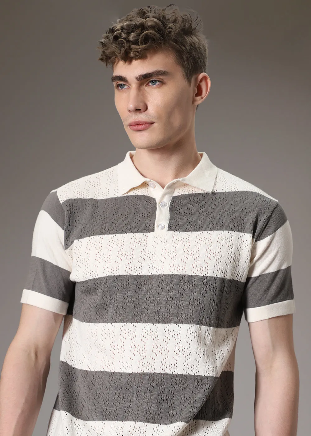 Grey Knitted Polo T-shirt