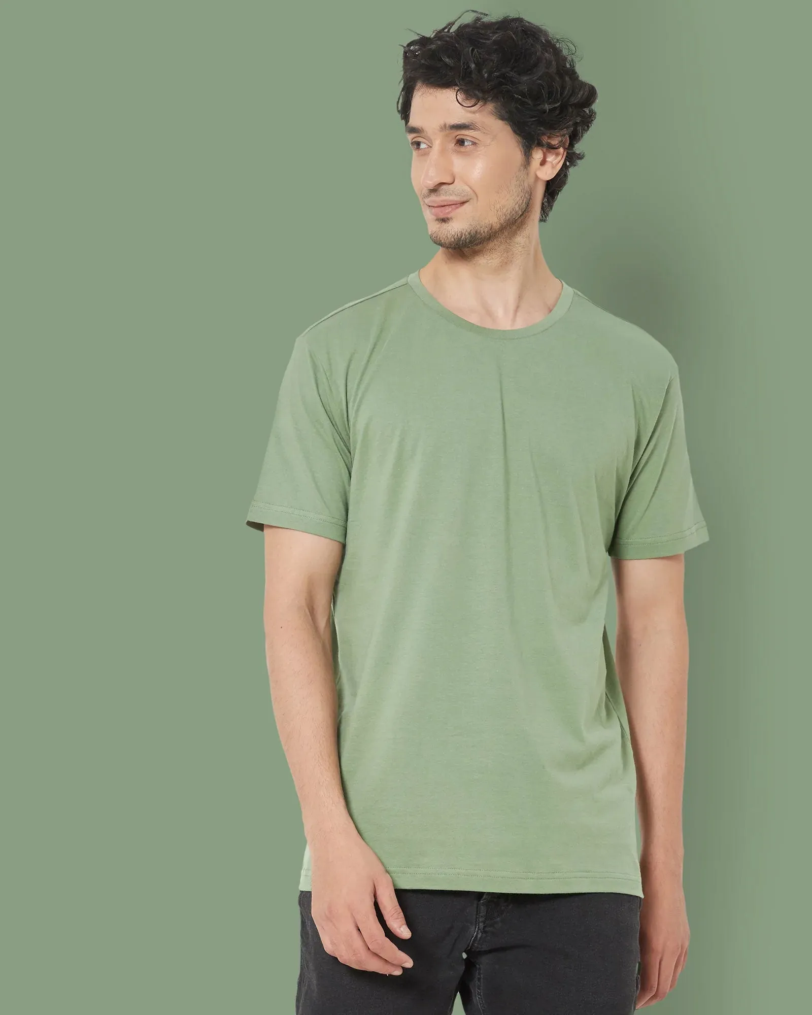 Half Sleeves Crew Neck: Sage Green