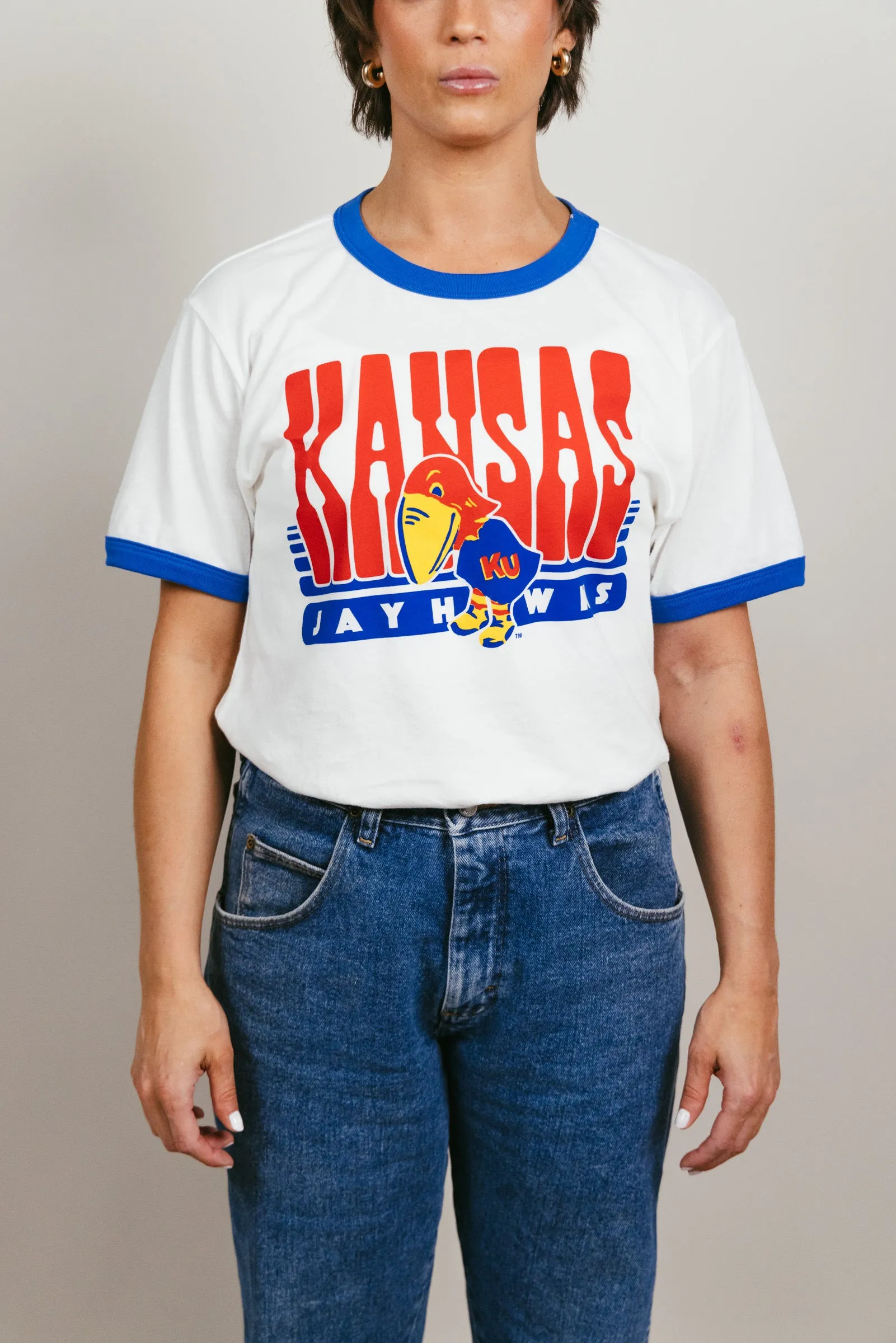 Kansas Jayhawk 70s White & Royal Unisex Ringer