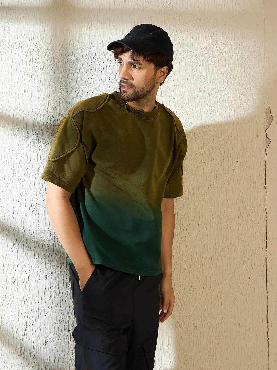 Khaki Ombre Padded Shoulder Oversized Tshirt