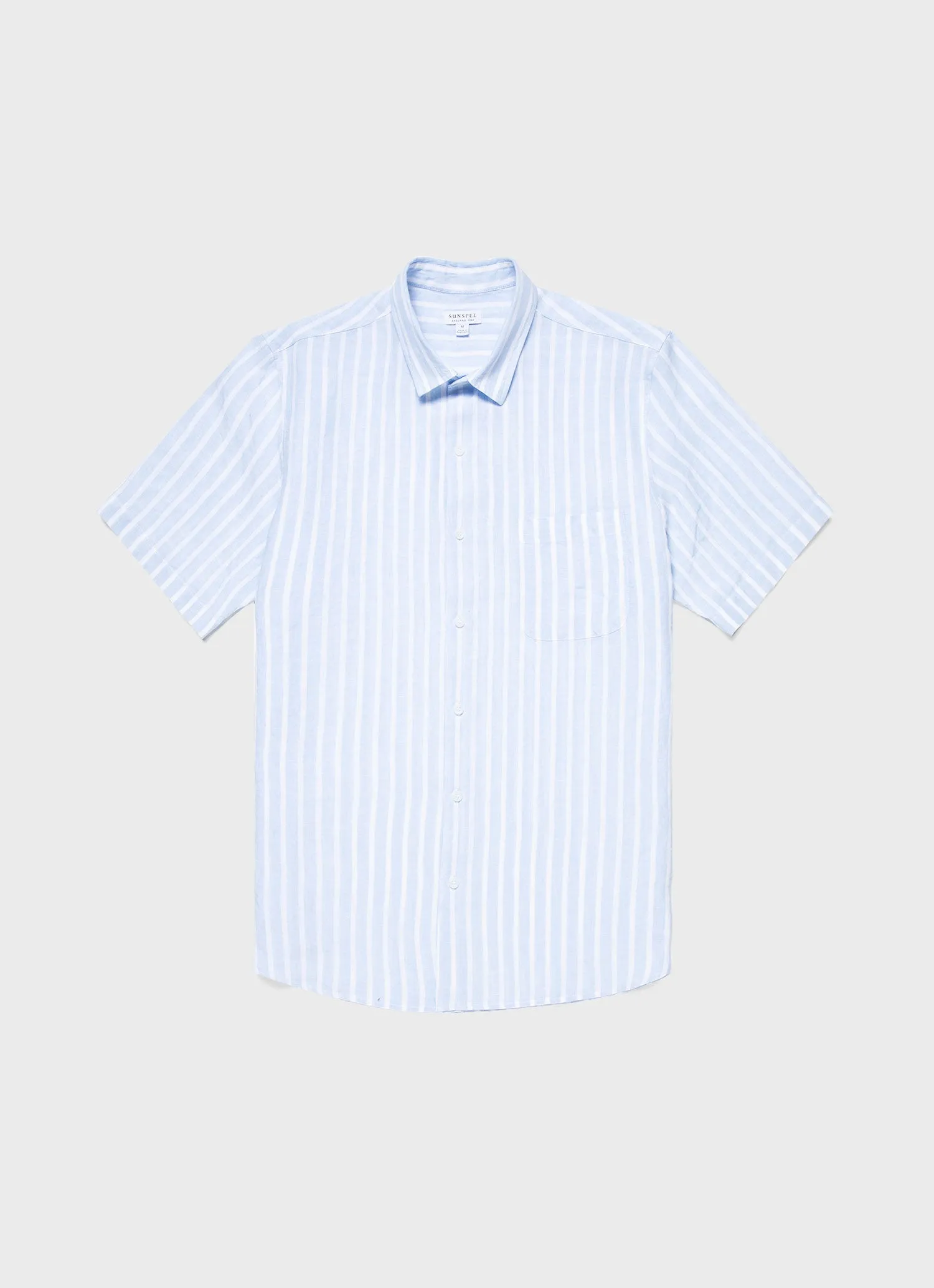 Men's Short Sleeve Linen Shirt in Light Blue/White