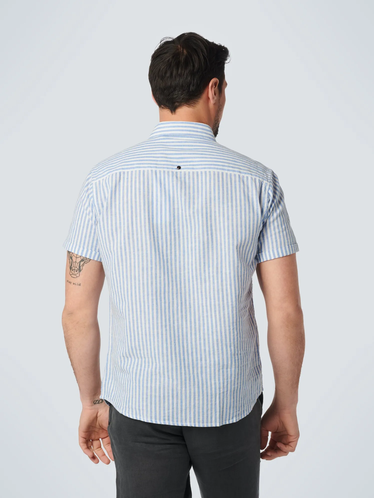 No Excess - Linen Striped Short Sleeved Shirt - Washed Blue