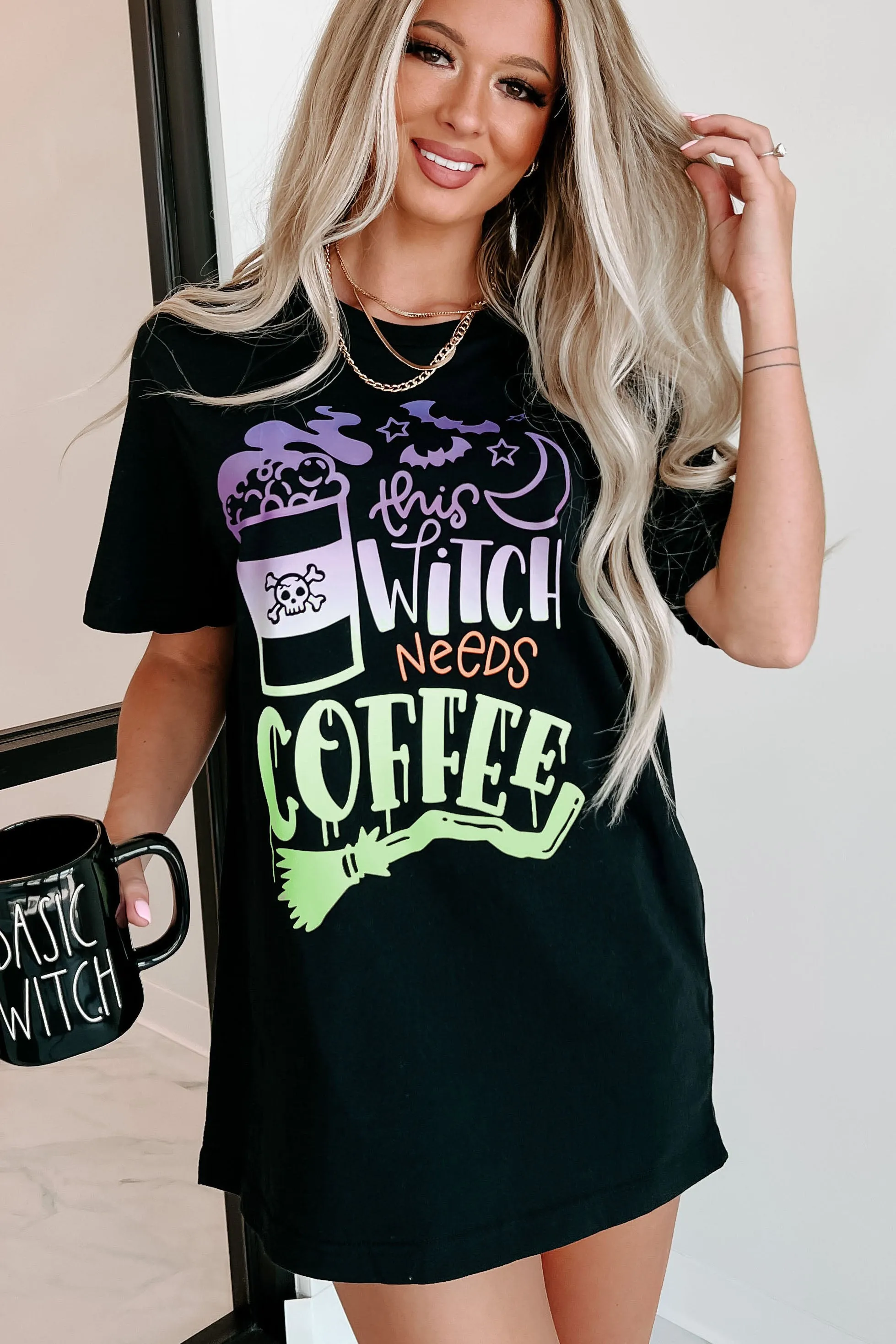 "This Witch Needs Coffee" Graphic Multiple Shirt Options (Black) - Print On Demand