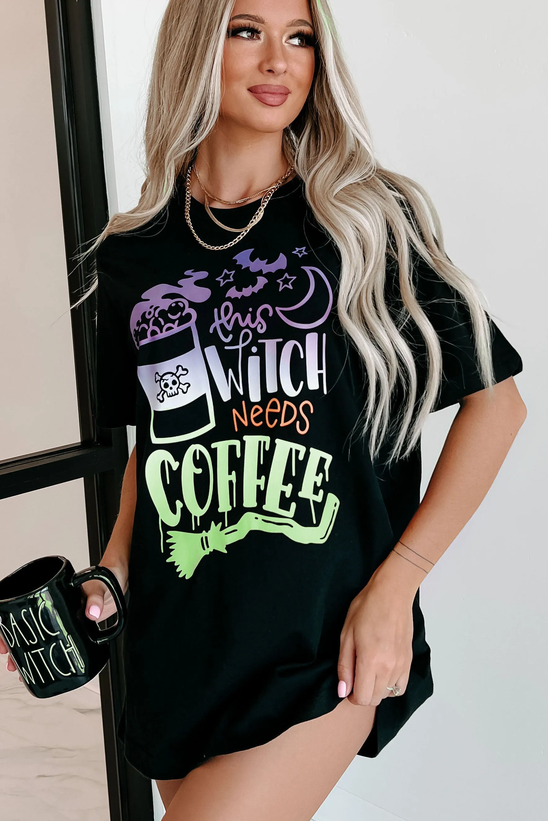 "This Witch Needs Coffee" Graphic Multiple Shirt Options (Black) - Print On Demand