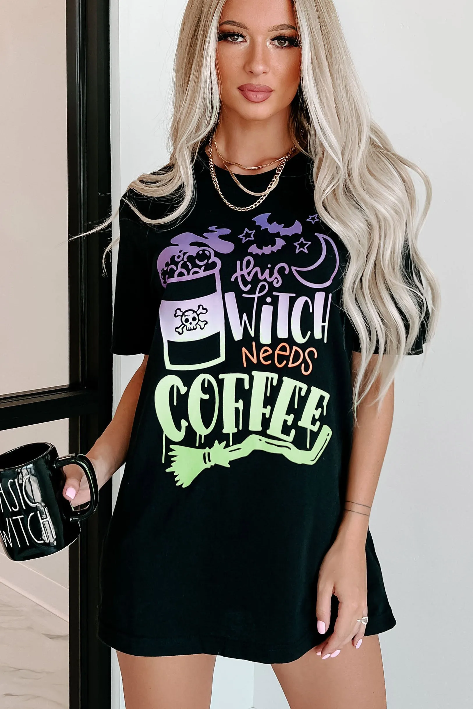 "This Witch Needs Coffee" Graphic Multiple Shirt Options (Black) - Print On Demand