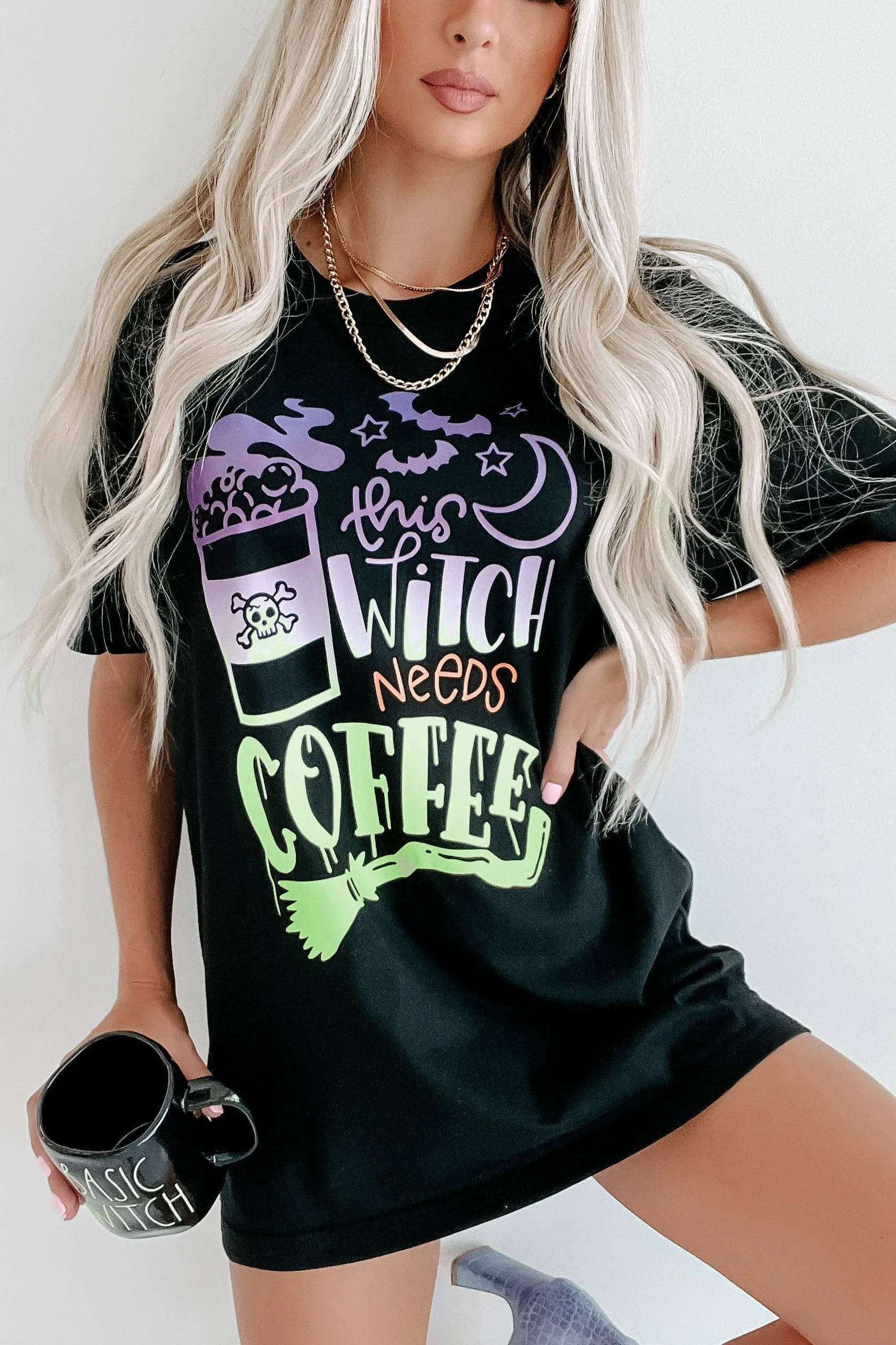 "This Witch Needs Coffee" Graphic Multiple Shirt Options (Black) - Print On Demand