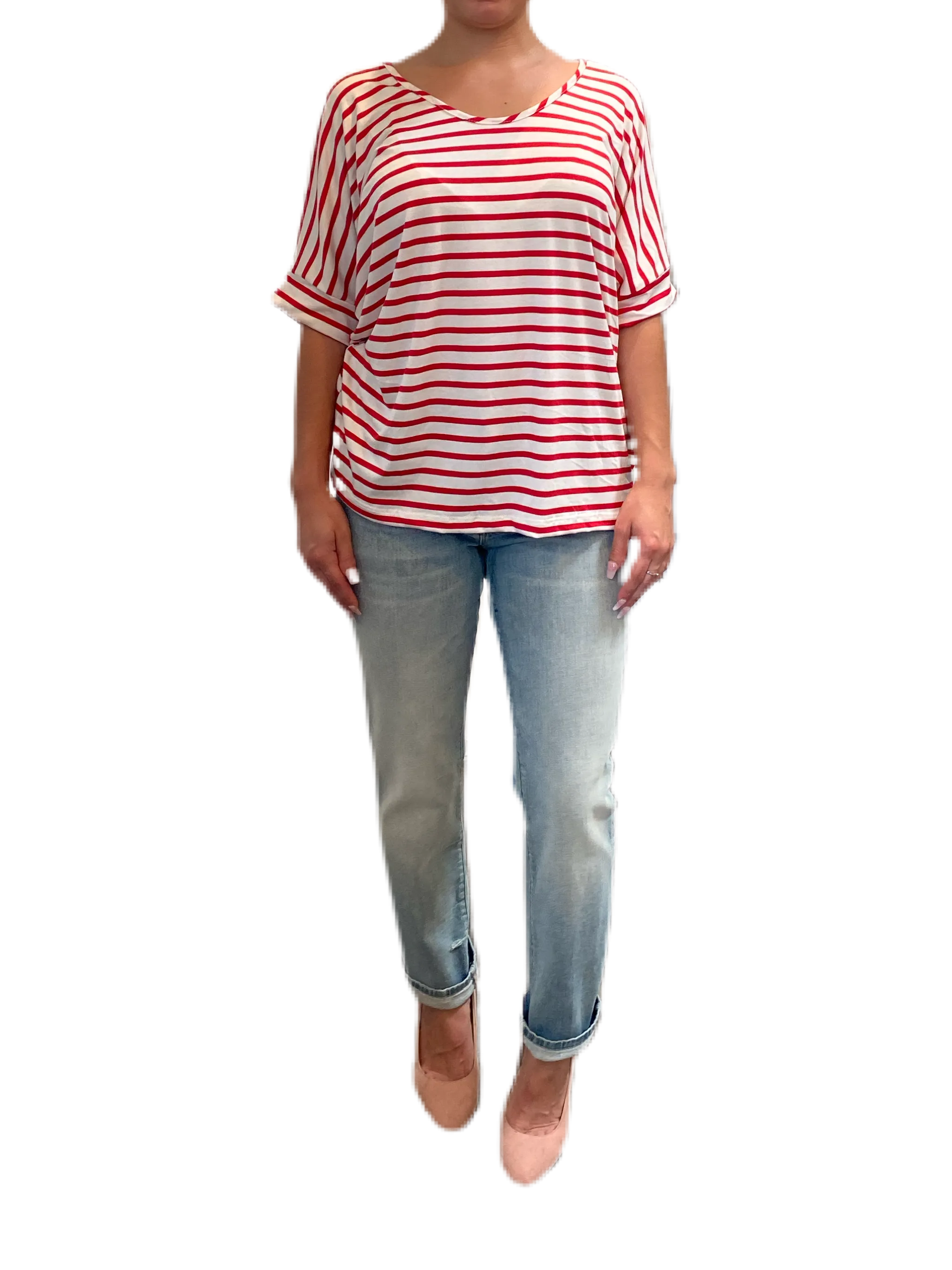 Red & ivory classic striped scoop neck short sleeve t-shirt