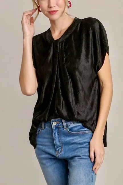 Satin Wave Texture Top with Tie Neck Detail & Short Batwing Sleeves- Black