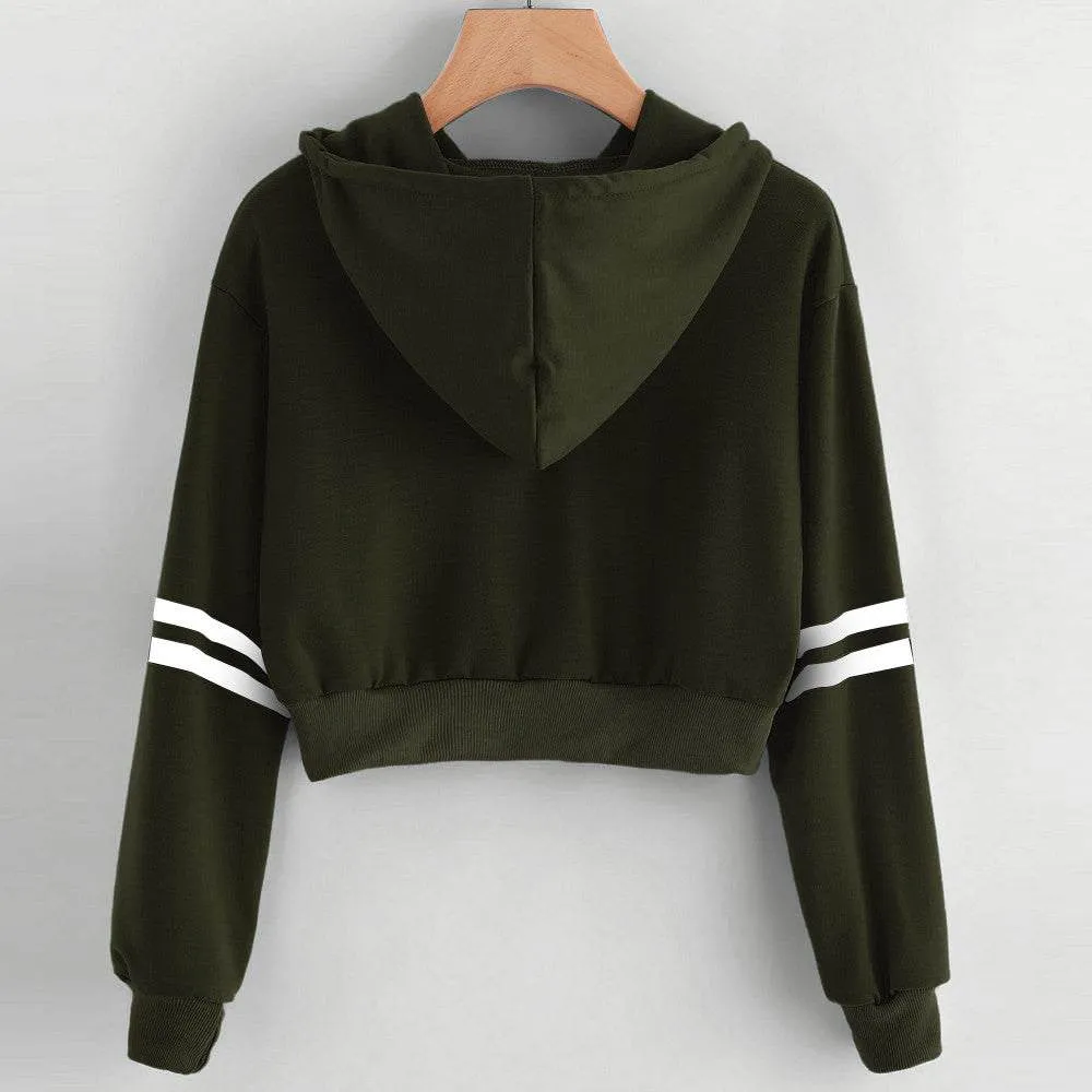 Striped printed long-sleeve cropped hooded sweatshirt Short T-shirt