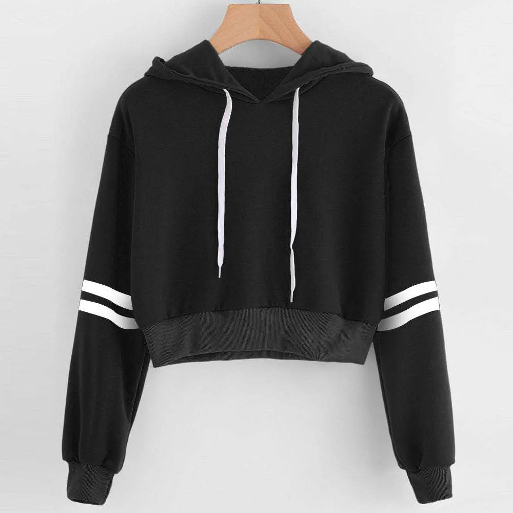 Striped printed long-sleeve cropped hooded sweatshirt Short T-shirt