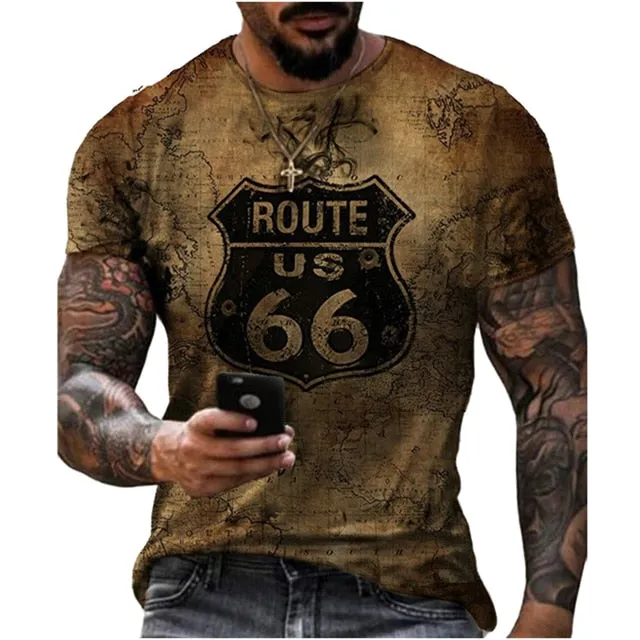 Summer Men's Retro T-shirt European And American Street Style 66-way 3d Printing T-shirt Men's Fashion O-neck Oversized Clothing